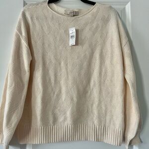 LOFT Cream Crew Neck Sweater with Knitted Heart Pattern